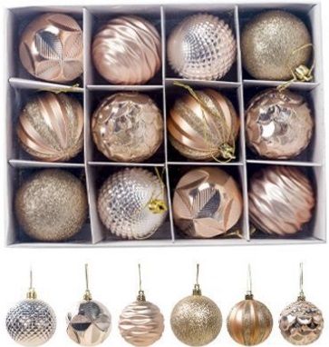 Cajas de bolas de Navidad en champán/oro rosa